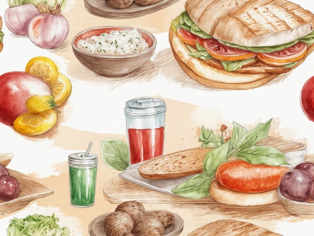 Auf dem Bild sind verschiedene kulinarische Highlights und lokale Spezialitäten zu sehen. Die Darstellung umfasst ein saftiges Sandwich, das mit frischen Tomaten und Salat gefüllt ist, sowie eine Auswahl an leckeren Snacks wie gefüllte Bällchen.Zusätzlich sind Gemüse und Früchte, darunter Äpfel, Zitrusfrüchte und Trauben, abgebildet, die perfekt zu einem frischen Salat oder als gesunder Snack passen. Verschiedene Getränke in stylischen Bechern, wie ein grüner Smoothie und eine rote Erfrischung, runden das Bild ab und laden zum Genießen ein. Diese Kombination bietet ein schmackhaftes und gesundes Erlebnis der kulinarischen Vielfalt.