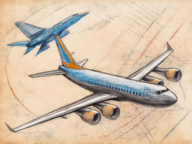 Auf dem Bild sind zwei verschiedene Flugzeuge zu sehen, eines fliegt in einer niedrigeren Flughöhe in einem interessanten Blauton mit orangefarbenen Akzenten, das andere ist ein Kampfflugzeug in einem ähnlichen Farbton. Der Hintergrund zeigt luftige, kreisförmige Bewegungen, die die Dynamik des Fliegens vermitteln. Die Komposition hebt die verschiedenen Flugzeugtypen und deren Bewegungen in der Luft hervor. Wie lange fliegt man von Düsseldorf nach Madeira.