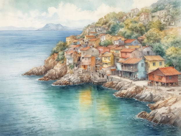 Auf dem Bild ist eine malerische Küstenlandschaft zu sehen, die an die natürliche Schönheit von Port d'Andratx erinnert. Die bunten Häuser, die sich an den Küstenfelsen schmiegt, spiegeln sich in dem klaren Wasser wider. Die sanften Wellen und der ruhigere Ozean schaffen eine friedliche Atmosphäre, während die üppige Vegetation im Hintergrund das Landschaftsbild ergänzt. Die warmen Farben der Gebäude und die harmonische Umgebung verleihen dem Bild eine einladende und idyllische Stimmung.