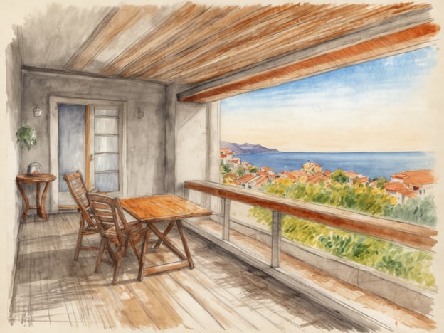 Ein einladender Balkon mit einem Holztisch und zwei Stühlen, die rustikal gestaltet sind. Die Sicht geht über eine malerische Küstenlandschaft mit Häusern, die rote Dächer haben, auf das blaue Meer und den Himmel. Der Raum hat eine helle, freundliche Atmosphäre, mit einem offenen Türbereich und natürlichem Licht, das hineinströmt. Eine Grünpflanze steht auf einem kleinen Tisch, der die Gemütlichkeit des Ortes unterstreicht. Die Architektur zeigt typisch mediterräne Elemente, die gut zu Madeira passen.
