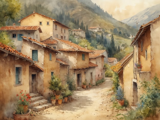 Auf dem Bild ist eine malerische, rustikale Straße in einem kleinen Dorf zu sehen, das von sanften Hügeln umgeben ist. Die Häuser sind aus hellem Stein mit roten Ziegeldächern und haben farbige Fensterläden. Diese Szenerie erinnert an die idyllischen Gassen von Valldemossa auf der Insel Mallorca.Valldemossa ist bekannt für seine charmante Architektur, gesäumt von blühenden Pflanzen und kunstvoll gestalteten Töpfen. Die Geschichte des Ortes ist eng verbunden mit berühmten Persönlichkeiten, wie dem Komponisten Frédéric Chopin, der dort einen Winter verbrachte. Die ruhige Atmosphäre und die atemberaubende Natur machen Valldemossa zu einem beliebten Ziel für Künstler und Reisende, die Ruhe und Inspiration suchen.