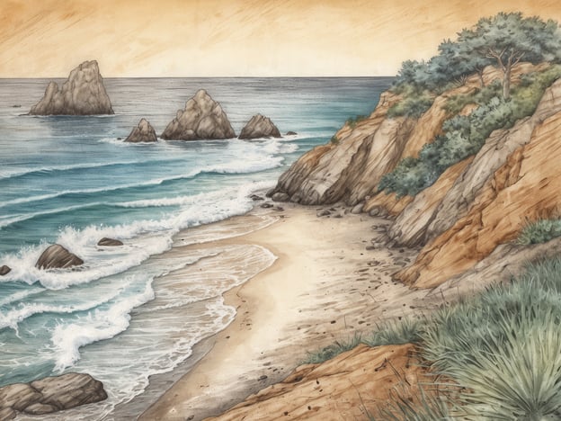 Auf dem Bild ist eine malerische Küstenlandschaft zu sehen. Die Szenerie zeigt einen Sandstrand, der von sanften Wellen des Meeres umspült wird. Im Hintergrund sind einige Steinformationen sichtbar, die aus dem Wasser ragen.Aktivitäten, die an einem solchen Ort genossen werden können, sind beispielsweise:- Schwimmen oder Schnorcheln im klaren Wasser.- Spaziergänge am Strand, um die Aussicht und die Natur zu genießen.- Fotografie der beeindruckenden Landschaft.- Entspannen in der Sonne oder Picknicken am Strand.- Erkundung der Klippen und der Umgebung, vielleicht auch mit einer Wanderung.Diese Landschaft könnte sich an einem beliebten Urlaubsort befinden, wo Natur und Erholung im Vordergrund stehen.