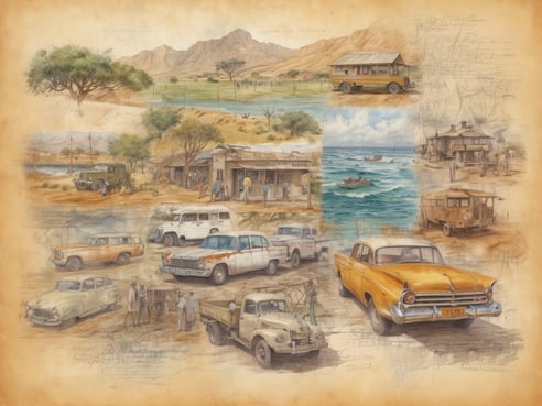 Eine malerische Collage zeigt verschiedene Szenen des Lebens in Südafrika. In der oberen linken Ecke sieht man ein altes gelbes Auto neben einem Campingwagen vor einer Berglandschaft. In der Mitte sind Menschen vor einem kleinen Laden versammelt, während ein grünes Fahrzeug in der Nähe geparkt ist. Im unteren Teil sind weitere alte Autos abgebildet, umgeben von Menschen, die sich unterhalten. Eine Szene zeigt einen Fischer in einem Boot auf dem Wasser, umgeben von einer ruhigen Küstenlandschaft. Schließlich sind weitere Fahrzeuge und eine einfache Behausung in der unteren rechten Ecke zu sehen, die das ländliche Leben in Südafrika widerspiegeln.