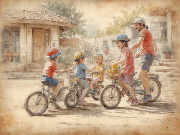 Auf dem Bild sind mehrere Kinder zu sehen, die mit Fahrrädern fahren und Spaß haben. Sie tragen Schutzhelme und scheinen fröhlich miteinander zu interagieren. Es gibt auch einen Erwachsenen, der Teil der Gruppe ist. Diese Szene könnte eine perfekte Aktivität für die ganze Familie darstellen, zum Beispiel:1. **Fahrradtour**: Gemeinsam in der Nachbarschaft oder in einem Park Fahrrad fahren.2. **Picknick im Freien**: Nach dem Fahren eine Pause einlegen und etwas essen und trinken.3. **Spiele im Freien**: Verschiedene Spiele wie Fangen oder Verstecken im Garten oder Park spielen.4. **Gartenaktivitäten**: Gemeinsames Gärtnern könnte eine weitere schöne Familienaktivität sein.Solche gemeinsamen Erlebnisse fördern den Zusammenhalt und die Freude an der Natur!