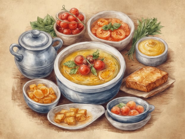 Auf dem Bild sind verschiedene kulinarische Köstlichkeiten zu sehen, die in einer rustikalen Anordnung präsentiert sind. Es gibt eine große Schüssel mit einer gelben Suppe oder einem Eintopf, garniert mit Kirschtomaten und frischen Kräutern. Daneben befinden sich Schalen mit weiteren Zutaten, darunter frische Tomaten, eine cremige Beilage, sowie verschiedene karamellisierte oder geröstete Stücke.In Sa Coma, einer beliebten Destination auf Mallorca, könntest du ähnliche Gerichte finden, die die mediterrane Küche widerspiegeln. Hier sind frische Zutaten wie Tomaten, Olivenöl und Kräuter zentral. Typische Gerichte könnten eine Tomatensuppe oder eine Gazpacho sein, begleitet von regionalem Brot oder Tapas. Die Vielfalt an Aromen und die Verwendung von frischen Zutaten machen das kulinarische Erlebnis in dieser Gegend besonders.