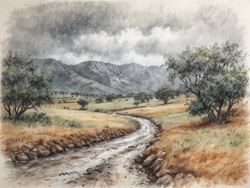 Eine malerische Landschaft während der Regenzeit in Südafrika zeigt bewölkten Himmel mit grauen Wolken und fallendem Regen. In der Mitte des Bildes fließt ein kleiner Bach, umgeben von grünem Gras und vereinzelten Bäumen. Im Hintergrund erheben sich sanfte Hügel und Berge, die im Regennebel verschwommen sind. Die Vegetation wirkt frisch und saftig, während der Boden in warmen, erdigen Tönen gehalten ist. Die Atmosphäre vermittelt ein Gefühl von Ruhe und Erneuerung in der Natur.