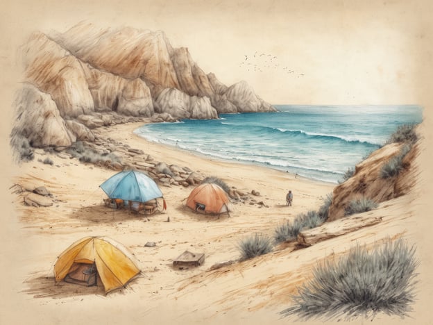 Auf dem Bild sind Zelte am Strand zu sehen, umgeben von einer malerischen Küstenlandschaft mit hohen Felsen und einem klaren blauen Meer. Die gelben und blauen Zelte deuten auf eine entspannte Camping- oder Strandaktivität hin, ideal für einen erholsamen Urlaub.
In der Umgebung könnten Aktivitäten wie Schwimmen, Surfen oder Wandern entlang der Küste stattfinden. Zudem bieten sich Ausflüge zu nahegelegenen Sehenswürdigkeiten wie schönen Aussichtspunkten oder Naturreservaten an, die die beeindruckende Landschaft und Tierwelt der Region nutzen. Ein Picknick am Strand wäre ebenfalls eine angenehme Möglichkeit, die Natur zu genießen.