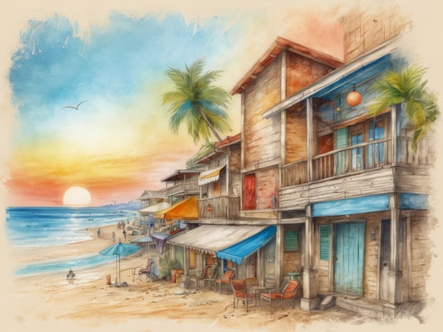 Auf dem Bild ist eine malerische Küstenansicht von El Arenal zu sehen, einer berühmten Stranddestination. Die farbenfrohen Holzgebäude, die sich entlang des Strandes erstrecken, strahlen eine entspannte Atmosphäre aus. In der warmen Abenddämmerung versinkt die Sonne langsam am Horizont, während die Wellen sanft den Strand berühren.
Die Strandpromenade ist mit Urlaubern belebt, die den Tag ausklingen lassen, während Palmen im sanften Wind wiegen. Die gemütlichen Stühle und Sonnenschirme laden dazu ein, die Schönheit des Augenblicks zu genießen. Diese Szenerie zeigt das charmante Zusammenspiel von Natur und Kultur, das El Arenal zu einem beliebten Ziel für Erholungssuchende macht.
