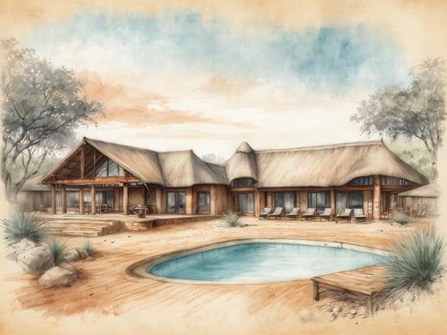 Eine luxuriöse Safari-Lodge in Südafrika, umgeben von natürlicher Landschaft. Das Gebäude besteht aus Holz und Schilfdach und bietet große Fenster für einen Blick auf die Umgebung. Vor der Lodge befindet sich ein einladender Pool, umgeben von Holzplanken und grünen Pflanzen. Die Veranda ist mit gemütlichen Sitzgelegenheiten ausgestattet. Im Hintergrund sind Bäume und sanfte Hügel zu sehen, unter einem klaren blauen Himmel mit sanften Wolken.