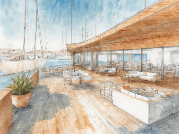 Auf dem Bild ist eine künstlerische Darstellung eines stilvollen, modernen Restaurant- oder Lounge-Areals zu sehen, das am Wasser liegt. Die Einrichtung ist elegant und einladend, mit bequemen Sitzgelegenheiten und einem mediterranen Flair. Im Hintergrund sind Segelboote sichtbar, die im Hafen liegen, was auf eine maritime Atmosphäre hinweist.
Diese Szenerie könnte gut zu Port Adriano passen, einem renommierten Yachthafen auf Mallorca, der für seine exklusive Atmosphäre und luxuriöse Einrichtungen bekannt ist. Port Adriano verbindet modernes Design mit nautischem Charme und zieht Bootsbesitzer sowie Besucher an, die das Leben am Wasser genießen möchten. Die offene Gestaltung und die großen Fensteranlagen suggerieren, dass hier die Schönheit der Umgebung hautnah erlebbar ist.