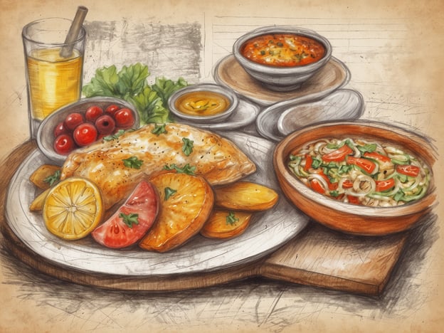 Auf dem Bild sind verschiedene kulinarische Highlights zu sehen. Im Vordergrund liegt ein zartes Stück gebratenes Hähnchen, das mit frischen Kräutern garniert ist. Dazu gibt es goldene Kartoffelspalten und eine halbe Zitrone sowie eine Scheibe Tomate, die für frische Aromen sorgen.Neben dem Hauptgericht befinden sich mehrere kleine Schalen mit Beilagen: eine würzige Suppe, die reich an Gemüse ist, und ein bunter Salat mit Paprika und Zucchini, der einen knackigen Kontrast bietet.Hinzu kommt ein Glas mit einem erfrischenden Getränk, möglicherweise ein Fruchtsaft. Die verschiedenen Komponenten auf dem Teller laden zu einem genussvollen Essen ein und präsentieren eine ansprechende Kombination aus Geschmack und Farben.