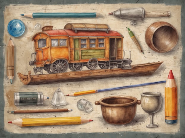Auf dem Bild sieht man eine bunte, stilisierte Darstellung eines Waggons auf einem Boot, umgeben von verschiedenen Schreibutensilien und Alltagsgegenständen wie Stiften, einem Glas und einer Schüssel.Wenn man Aktivitäten abseits der Touristenpfade in Verbindung mit diesen Elementen sucht, könnte man beispielsweise einen Kreativ-Workshop in einer kleinen Künstlergemeinschaft besuchen, wo man selbst Hand anlegt und mit Farben und Materialien experimentiert. Auch das Basteln eigener kleiner Modelle oder das Zeichnen im Freien an ruhigen Orten wäre eine schöne, individuelle Erfahrung. Darüber hinaus könnte man lokale Märkte erkunden, auf denen Kunsthandwerker ihre Werke anbieten und Workshops für Interessierte anbieten.