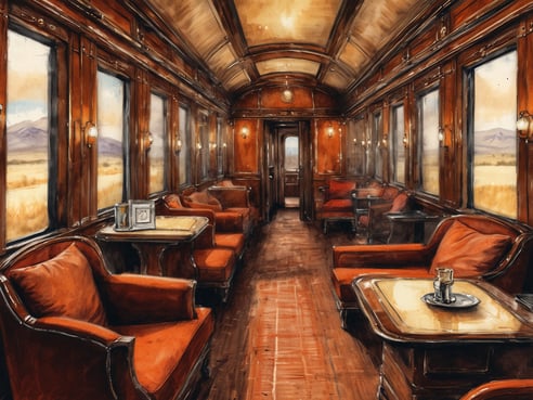 Ein eleganter Waggon des Luxuszugs in Südafrika mit einem stilvollen Interieur. Die Wände sind aus dunklem Holz, die Fenster groß und großzügig, mit Blick auf die weite Landschaft. In dem Raum stehen mehrere bequeme Sessel in kräftigem Rot, ergänzt von Holz- und Glastischen. Auf einem der Tische steht ein Gläser-Set, das die luxuriöse Atmosphäre unterstreicht. Warmes Licht von eleganten Wandlampen schafft eine einladende und gemütliche Stimmung.
