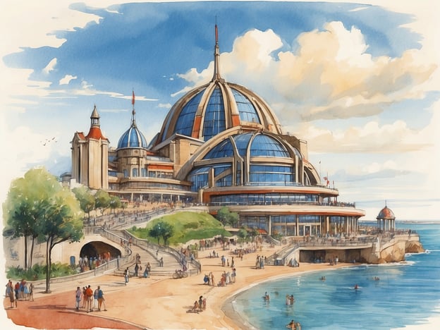 Auf dem Bild ist eine künstlerische Darstellung eines Freizeitparks zu sehen, die an die Architektur und Atmosphäre von Blackpool Pleasure Beach erinnert. Dieser berühmte Vergnügungspark in Blackpool, Großbritannien, wurde 1896 eröffnet und hat sich seitdem zu einem der bekanntesten Freizeitziele im Land entwickelt.
Die historische Entwicklung des Parks ist geprägt von zahlreichen Attraktionen, darunter einige der ältesten Holzachterbahnen der Welt und moderne Fahrgeschäfte, die für Nervenkitzel sorgen. Blackpool Pleasure Beach zieht jedes Jahr Millionen von Besuchern an, die die fantastische Lage am Meer, die Vielfalt der Attraktionen und die lebendige Stimmung genießen.
Das Bild zeigt möglicherweise einen imaginären neuen Bereich oder eine Umgestaltung des Parks, die darauf abzielt, weiterhin ein unvergessliches Erlebnis für die Besucher zu bieten. Die Kombination aus Wasser, Architektur und Freizeit wird verdeutlicht, was den einzigartigen Charme von Freizeitparks wie dem Blackpool Pleasure Beach ausmacht.