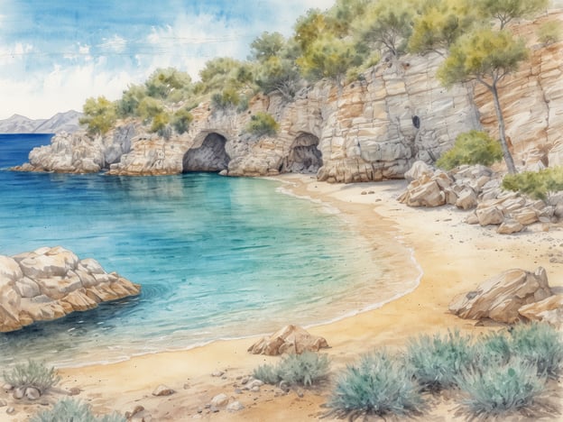 Auf dem Bild ist eine malerische Küstenlandschaft zu sehen, die die Schönheit von Cala Murada entdeckt. Die ruhig anmutende Szenerie zeigt kristallklares, türkisfarbenes Wasser, das sanft an einen sandigen Strand mit kleinen Felsen spült. Im Hintergrund erheben sich steile Klippen, die mit grünen Bäumen und Sträuchern bewachsen sind. Die gesamte Komposition strahlt eine friedliche und entspannende Atmosphäre aus, ideal für Naturliebhaber und Erholungssuchende.