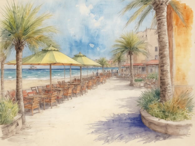Auf dem Bild sieht man eine Strandpromenade, die von Palmen gesäumt ist. Es gibt gelbe Sonnenschirme und Holzstühle, die auf dem Sand stehen, sowie einen Blick auf das Meer. Im Hintergrund sind einige Gebäude und möglicherweise Personen, die die Strandcafés besuchen.
Can Pastilla liegt an der Küste von Mallorca, in der Nähe von Palma. Dieser Ort ist bekannt für seine schönen Strände und die lebhafte Atmosphäre, die man auf dem Bild sehen kann. Die dargestellte Szenen könnten gut in diese Urlaubsregion passen, wo viele Menschen entspannen und die Sonne genießen.