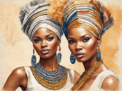 Zwei Frauen posieren mit farbenfrohen afrikanischen Kopfbedeckungen und auffälligem Schmuck. Ihre Kleidung hat einen traditionellen afrikanischen Stil und wird durch große Ohrringe sowie kunstvolle Halsketten ergänzt. Der Hintergrund ist in sanften, warmen Tönen gehalten, die den Fokus auf die Frauen und ihre stilvolle Präsentation legen. Die Mode spiegelt afrikanisches Flair wider und vermittelt ein Gefühl von Stolz und kultureller Identität.