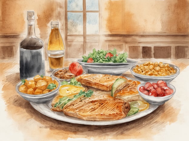 Auf dem Bild sieht man ein kulinarisches Arrangement, das verschiedene köstliche Speisen präsentiert. Im Vordergrund gibt es gegrillte Fleischstücke, die appetitlich angerichtet sind und mit frischen Kräutern sowie Zitrusfrüchten garniert sind. Daneben finden sich knusprige Beilagen wie goldene Kartoffelwürfel und eine bunte Salatmischung mit Tomaten.In zusätzlichen Schalen sind süße Erdbeeren sowie eine Portion Pasta zu sehen, die dem Gericht eine frische und vielfältige Note verleihen. Außerdem sind zwei Flaschen Getränke zu erkennen – eine dunkle und eine helle Flüssigkeit, die das gesamte Essen perfekt abrunden. Dieses Arrangement verspricht ein festliches und geschmackvolles Erlebnis.