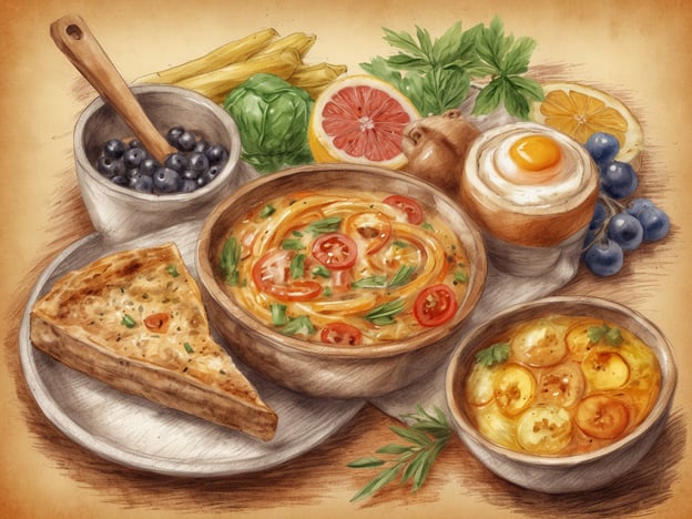 Auf dem Bild sind verschiedene kulinarische Highlights zu sehen, die typisch für eine mediterrane Region sein könnten.
1. **Pasta**: Die Spaghetti mit Tomaten und frischen Kräutern spiegeln die italienische Küche wider und sind ein beliebtes Gericht.
2. **Quiche**: Das Stück Quiche könnte mit regionalen Zutaten wie Zwiebeln oder Gemüse zubereitet sein, was oft in französischen Regionen zu finden ist.
3. **Eier**: Das weichgekochte Ei, vermutlich in einem Eierbecher serviert, wäre eine klassische Frühstückszutat und könnte für verschiedene Frühstückstraditionen stehen.
4. **Beeren und Zitrusfrüchte**: Die Blaubeeren und Zitrusfrüchte wie Grapefruit und Zitrone sind nicht nur gesund, sondern auch typisch für die frische Küche der Region und bieten eine schöne süß-säuerliche Note.
Zusammengefasst bietet das Bild einen Einblick in eine bunte, geschmackvolle und gesunde Speisekultur.