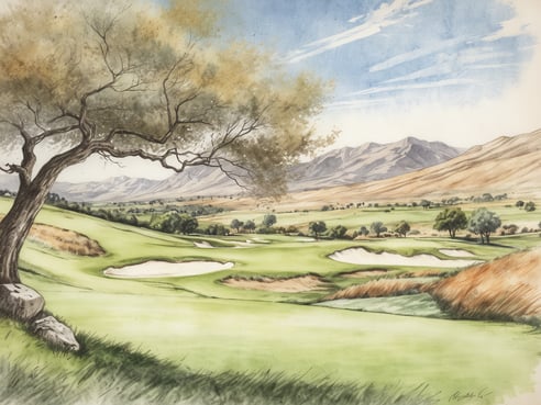 Eine malerische Golfplatzlandschaft in Südafrika, die sanften Hügel und weite, grüne Fairways zeigt. Im Vordergrund steht ein einzelner Baum mit ausladenden Ästen, während im Hintergrund majestätische Berge den Himmel berühren. Sandbunker sind strategisch plaziert, um den Golfspielern Herausforderungen zu bieten. Der Himmel ist klar mit einigen sanften Wolken, was die atemberaubende Kulisse dieses exklusiven Golfziels unterstreicht. Perfekt für Golfreisen in Südafrika, um den Schläger in einer idyllischen Umgebung zu schwingen.