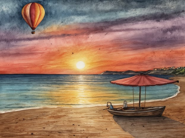 Auf dem Bild ist eine romantische Szenerie am Strand zu sehen, wo die Sonne am Horizont untergeht. Ein Heißluftballon schwebt sanft am Himmel, während das Wasser in wundervollen Farben schimmert. Neben einem kleinen Boot, das am Ufer liegt, steht ein Sonnenschirm, der für Schatten sorgt.Diese Umgebung bietet eine perfekte Kulisse für Paare, um romantische Aktivitäten zu genießen. Man könnte gemeinsam am Strand spazieren gehen, ein Picknick bei Sonnenuntergang organisieren oder eine Bootsfahrt unternehmen, während die Abendstimmung die Luft erfüllt. Solche Erlebnisse schaffen unvergessliche Momente der Nähe und Zweisamkeit.