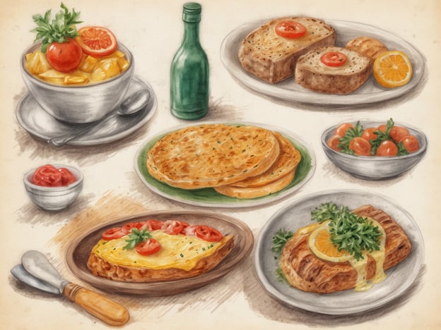 Auf dem Bild sind verschiedene Gerichte zu sehen, die reichhaltige und köstliche Speisen darstellen. Dazu gehören eine Schüssel mit einer frischen Gemüsesuppe, verschiedene Brotsorten mit Tomatenscheiben, eine herzhaft belegte Speise mit Käse und Tomaten, sowie verschiedene Salate mit Kirschtomaten.Diese Auswahl spiegelt eine Vielfalt an lokalen Küchen wider und lädt dazu ein, die Gastronomie in ihrer Vielfältigkeit zu genießen. Es ist eine einladende Darstellung von frischen, farbenfrohen Zutaten, die einen Genuss von regionalen Spezialitäten verspricht.