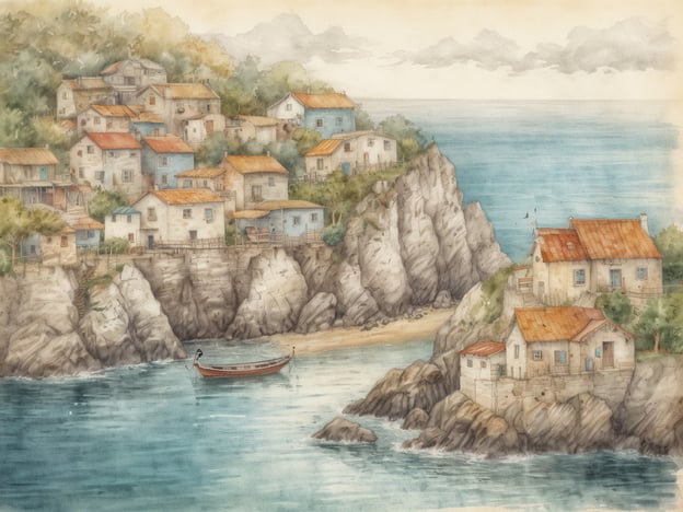 Das Bild zeigt eine malerische Küstenlandschaft, die an Port de Canonge auf der Insel Mallorca erinnert. Hier sieht man eine Ansammlung von kleinen, charmanten Häusern, die an steilen Klippen gebaut sind und einen spektakulären Blick auf das Meer bieten. Die Farbpalette ist sanft und harmonisch, mit blauen und erdigen Tönen, die die entspannte Atmosphäre des kleinen Fischerdorfs widerspiegeln.
Port de Canonge hat eine lange Geschichte, die von Fischerei und dem traditionellen Leben an der Küste geprägt ist. Das Dorf ist bekannt für seine atemberaubenden Landschaften, die von hohen Bergen umgeben sind. Die ruhige Bucht und die kleinen Boote, die im Wasser liegen, symbolisieren die Verbindung der Bewohner zur See und zur Natur. Solche Bilder wecken nostalgische Gefühle für simpler Zeiten, als das Leben eng mit dem Rhythmus der Natur verbunden war.