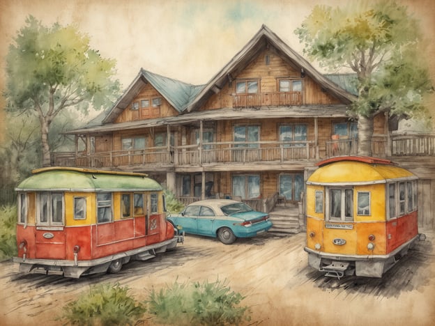 Auf dem Bild ist ein charmantes Holzhaus mit einem großen Balkon zu sehen. Vor dem Haus stehen zwei nostalgische Wohnwagen in auffälligen Farben, sowie ein blauer Oldtimer. Diese Szenerie könnte der perfekte Ort für einen Familienurlaub sein, ideal für Naturfreunde und Abenteuerlustige.
Für einen gelungenen Familienurlaub bieten sich Unterkünfte wie:
1. **Ferienwohnungen**: Geräumig und mit Küchen ausgestattet, perfekt für Selbstversorger.
2. **Landhäuser**: Oft in malerischen Lagen, ideal für entspannte Aufenthalte in der Natur.
3. **Campingplätze**: Für abenteuerlustige Familien, die das Draußen-Sein genießen möchten.
4. **Hütten im Wald**: Eine rustikale Atmosphäre und oft in der Nähe von Wander- und Radwegen.
Solche Unterkünfte schaffen den perfekten Rahmen für gemeinsame Erlebnisse und Erinnerungen.