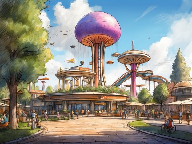 Das Bild zeigt eine inspiriende, fantasievolle Szenerie, die an einen Freizeitpark erinnert. Anhand des Designs und der leuchtenden Farben könnte man annehmen, dass es eine Attraktion oder ein Hauptplatz in einem Themenpark darstellt, ähnlich wie Parque Warner Madrid.
Parque Warner, der 2002 in Madrid eröffnet wurde, ist ein Themenpark, der sich auf Charaktere und Geschichten von Warner Bros. konzentriert. Der Park ist in verschiedene Themenbereiche unterteilt, darunter die Warner Bros. Animation und die DC Superhelden. Die Attraktionen reichen von aufregenden Achterbahnen bis hin zu familienfreundlichen Fahrgeschäften und Shows.
Das Bild strahlt eine lebhafte Atmosphäre aus, die an das Vergnügen und die Aufregung erinnert, die Besucher in Parque Warner erleben können. Die bunten Strukturen und das geschäftige Treiben der Menschen vermitteln das Gefühl von Abenteuer und Spaß, das für einen Freizeitpark typisch ist.