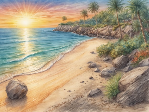 Auf dem Bild ist eine malerische Strandlandschaft zu sehen. Der Sonnenuntergang taucht den Himmel in warme Farben, während sanfte Wellen gegen den Strand plätschern. Palmen und Felsen säumen die Küste, und das Wasser glitzert im Licht der untergehenden Sonne.
Die besten Strände in der Umgebung könnten ähnliche idyllische Szenen bieten, wo man die Natur genießen, entspannen und die Schönheit des Meeres erleben kann. Solche Strände laden oft zu Aktivitäten wie Schwimmen, Sonnenbaden oder Strandspaziergängen ein.