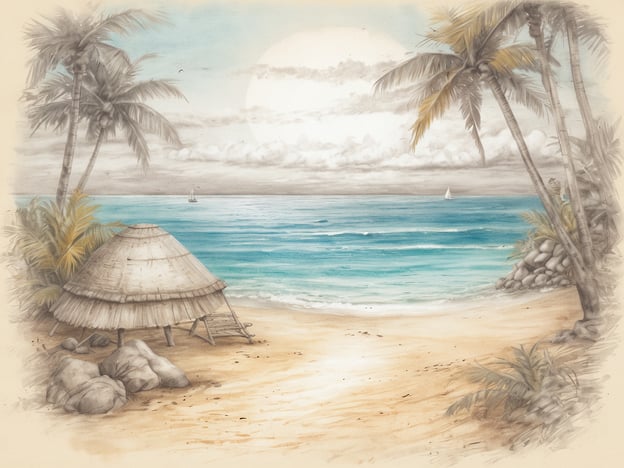 Auf dem Bild ist eine idyllische Strandszene zu sehen, die die natürliche Schönheit tropischer Landschaften einfängt. Der Strand ist mit feinem Sand und umgeben von Palmen. In der Nähe befindet sich eine traditionelle Hütte mit einem Strohdach. Das Wasser ist klar und hat verschiedene Schattierungen von Blau, während im Hintergrund ein Segelboot sanft über die Wellen gleitet.Dies ist ein perfektes Beispiel für „Die schönsten Strände entdecken“ und lädt zum Träumen und Verweilen ein.