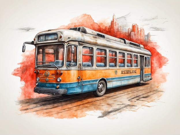 Auf dem Bild ist ein farbenfroher Linienbus oder eine Straßenbahn im Retrostil abgebildet. Er hat eine blau-orange Farbgebung und steht vor einer künstlerisch gestalteten Hintergrundszene, die an eine Stadtlandschaft erinnert.
**Praktische Informationen für Besucher:**
1. **Öffentlicher Nahverkehr:** Informieren Sie sich über die öffentlichen Verkehrsmittel in der Stadt, um sicherzustellen, dass Sie die besten Routen nutzen können. Überprüfen Sie die Fahrpläne und Tarifinformationen.
2. **Fahrkarten:** Kaufen Sie Ihre Fahrkarte im Voraus oder nutzen Sie mobile Apps, um Wartezeiten am Ticketautomaten zu vermeiden.
3. **Sehenswürdigkeiten in der Nähe:** Planen Sie Ihre Route, um wichtige Sehenswürdigkeiten entlang der Bus- oder Straßenbahnlinien zu besuchen.
4. **Fahrplan und Route:** Achten Sie auf die Anzeigetafeln an den Haltestellen für aktuelle Informationen zu Abfahrtszeiten und Routen.
5. **Fahrradmitnahme:** Wenn Sie mit dem Fahrrad reisen, überprüfen Sie die Bestimmungen zur Mitnahme von Fahrrädern im Bus oder der Straßenbahn.