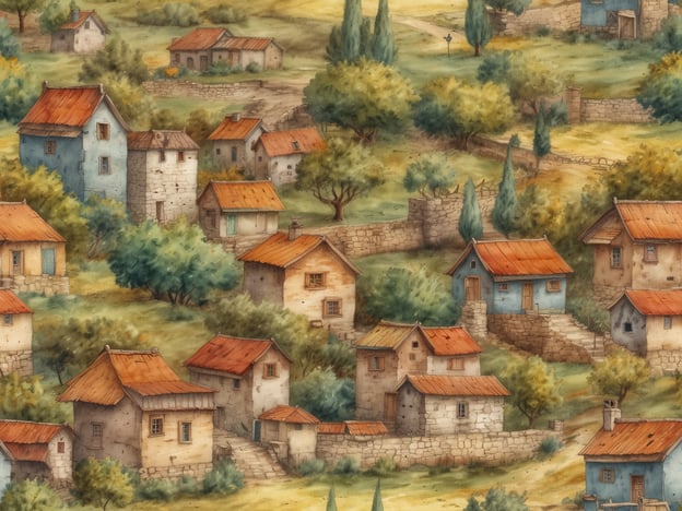 Auf dem Bild sind versteckte Dörfer und charmante Städtchen zu sehen. Die Landschaft ist von sanften Hügeln geprägt, und die kleinen, farbenfrohen Häuser gruppieren sich malerisch in einer idyllischen Umgebung. Die roten Dächer und die umgebende Natur verleihen den Dörfern einen einladenden Charakter. Die Szenerie strahlt Ruhe und Gelassenheit aus, ideal für entspannte Spaziergänge und die Erkundung der Umgebung.