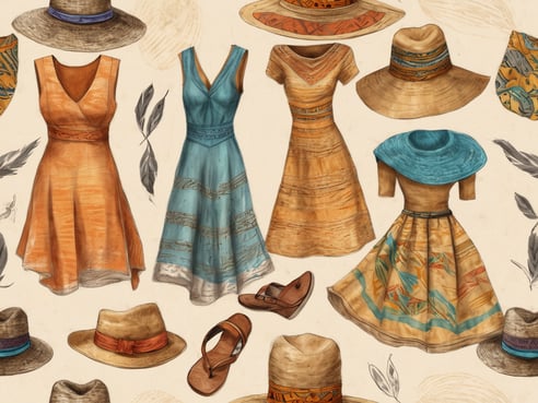 Auf dem Bild sind verschiedene Kleidungsstücke und Accessoires zu sehen, die typisch für einen Sommerurlaub in Südafrika sind. Es zeigt eine Auswahl an Kleidern in warmen Farben wie Orange und Blau, die mit bunten Mustern verziert sind. Zusätzlich sind verschiedene Hüte, darunter Strohhüte mit Bändern, sowie Sandalen abgebildet. Das Design vermittelt ein Gefühl von Leichtigkeit und südafrikanischem Flair, ideal für warme Tage im Freien. Die Hintergründe sind dezent, mit pflanzlichen Motiven, die die sommerliche Stimmung unterstreichen.