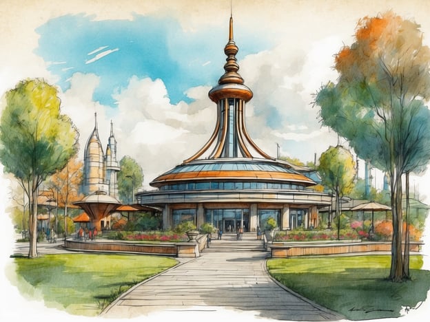 Auf dem Bild ist eine künstlerische Darstellung eines Gebäudes, das möglicherweise Teil eines Freizeitparks ist, ähnlich wie Gardaland in Italien. Gardaland wurde 1975 eröffnet und ist bekannt für seine Attraktionen und Themenbereiche, die Besucher jeden Alters ansprechen.
Das dargestellte Gebäude könnte ein neues Fahrgeschäft oder ein Restaurant symbolisieren, das futuristische Elemente mit einem modernen Design kombiniert, was gut zu den innovativen Attraktionen in Gardaland passt. Umgeben von schön gestalteten Gärten und Bäumen könnte es ein einladender Ort für Besucher sein, um sich zu entspannen und die Atmosphäre des Parks zu genießen.