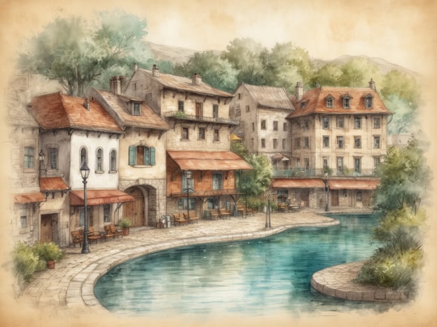 Auf dem Bild ist eine malerische Szene zu sehen, die an die historischen Karlsbad Therme erinnert. Die sanft geschwungenen Gebäude mit ihren roten Dächern und den großen Fenstern vermitteln den Charme einer alten Kurstadt. Der ruhige Wasserlauf spiegelt die umliegenden Bäume und die Gebäude wider, was eine friedliche und entspannende Atmosphäre schafft.Die Geschichte der Karlsbad Therme reicht bis ins 14. Jahrhundert zurück, als die heilenden Quellen entdeckt wurden. Der Ort wurde schnell zu einem beliebten Ziel für Wohlhabende und Adelige aus ganz Europa, die die heilenden Eigenschaften des Wassers suchten. Die Architektur der Stadt spiegelt den Reichtum und die Eleganz dieser Zeit wider und zieht bis heute Besucher an, die sowohl die historischen Thermalbäder als auch die malerische Umgebung genießen möchten.