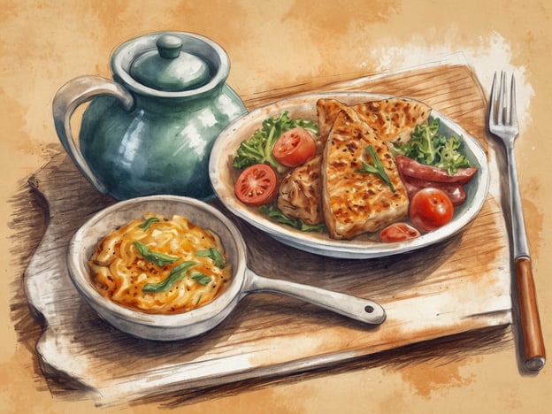 Auf dem Bild sind kulinarische Highlights zu sehen, die eine ansprechende Kombination aus verschiedenen Speisen darstellen.Im Vordergrund befindet sich eine Schüssel mit einer cremigen Pasta, die mit frischen Kräutern garniert ist. Diese könnte eine Art Auflauf oder überbackene Pasta sein, die oft in der italienischen Küche zu finden ist.Neben der Pasta liegt ein Teller mit gegrilltem Fisch oder Hähnchen, umgeben von frischem Salat, der knackige Blätter und Cherry-Tomaten beinhaltet. Dies könnte eine gesunde, mediterrane Mahlzeit darstellen, die oft in Küstenregionen genossen wird.Zusätzlich ist eine grüne Kanne im Bild, die möglicherweise für eine köstliche Sauce oder ein Getränk gedacht ist, das diese Speisen perfekt ergänzt. Solche Kombinationen bieten ein ausgewogenes und schmackhaftes Esserlebnis, das lokale Zutaten und Aromen widerspiegelt.