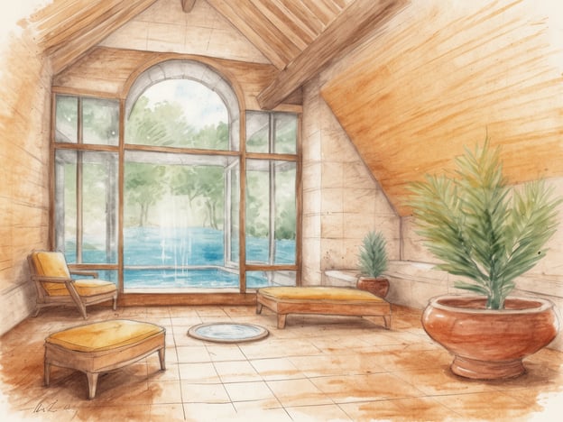 Auf dem Bild ist ein heller und einladender Raum mit Fenstern zu sehen, die einen Blick auf einen ruhigen Wasserspiegel ermöglichen. In den Karlsbad Therme könnten hier verschiedene Events und Aktivitäten stattfinden, wie zum Beispiel:1. **Entspannungsmassagen**: Gäste können in diesem ruhigen Ambiente entspannen und sich verwöhnen lassen.2. **Aqua-Gymnastik**: Bei harmonischer Atmosphäre könnte dieser Raum für sanfte Fitnesskurse im Wasser genutzt werden.3. **Wellness-Tage**: Spezielle Veranstaltungen, bei denen Besucher verschiedene Anwendungen und Behandlungen genießen können.4. **Yoga- oder Meditationskurse**: Die friedliche Umgebung bietet sich ideal für geistige und körperliche Entspannung.Insgesamt strahlt der Raum eine beruhigende Atmosphäre aus, die für verschiedene Wellness- und Erholungsaktivitäten perfekt geeignet ist.