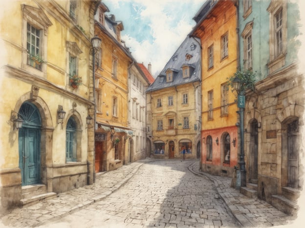 Auf dem Bild ist eine malerische Gasse zu sehen, die von bunten alten Gebäuden gesäumt ist, ähnlich wie in der Geschichte von Karlsbad. Karlsbad, bekannt für seine heilenden Thermalquellen, war im 18. und 19. Jahrhundert ein bedeutendes Kur- und Kulturzentrum. Die Stadt zog viele wohlhabende Besucher an, die die eleganten Spas und die schöne Architektur genießen wollten.Die Gassen und Plätze in Karlsbad sind geprägt von historischen Bauwerken mit bunten Fassaden, die an den Charme der Stadt erinnern. Das Bild vermittelt eine ruhige, einladende Atmosphäre, ähnlich den romantischen Spaziergängen, die früher zahlreiche Gäste begeisterten. Die gepflasterte Straße und die strahlenden Hausfarben schaffen eine malerische Kulisse, die den historischen Charakter von Karlsbad widerspiegelt.