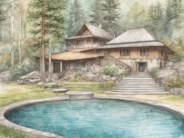 Auf dem Bild ist eine malerische Landschaft mit zwei rustikalen Holzhäusern und einem kleinen Pool zu sehen, umgeben von Bäumen und Felsen. Diese Szenerie könnte gut zu einem Wellness-Spot in Karlsbad passen.Die Top Wellness-Spots in Karlsbad bieten oft ähnliche entspannende und naturnahe Umgebungen. Orte wie das Hotel Esplanade, das Hotel Richmond oder die Therme von Karlsbad sind bekannt für ihre luxuriösen Behandlungen, entspannenden Atmosphären und wunderschöne Gärten, die die Erholung der Gäste unterstützen. Ein entspannendes Bad in einem natürlichen Umfeld kann ebenfalls dazu beitragen, Stress abzubauen und Wohlbefinden zu fördern.