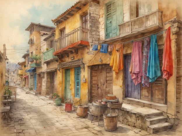 Auf dem Bild sieht man eine malerische, ruhige Gasse mit charmanten Häusern, die gelb und erdig getönt sind. Die Fenster sind in verschiedenen Farben gestrichen und verleihen der Szenerie ein lebendiges Flair. Über der Straße hängen bunte Stoffe, die im Wind wehen und eine traditionelle Atmosphäre schaffen.Abseits der Touristenpfade könnte man überprüfen, ob in einer solchen Umgebung lokale Märkte oder handwerkliche Werkstätten versteckt sind, wo man authentische Souvenirs erwerben kann. Solche kleinen Gassen bieten zudem die Möglichkeit, mit Einheimischen ins Gespräch zu kommen und deren Lebensweise sowie lokale Spezialitäten kennenzulernen, was oft viel bereichernder ist als der Besuch von klassischen Sehenswürdigkeiten. Vielleicht findet man auch einen kleinen Kaffeebetrieb, wo man eine Tasse lokalen Kaffee genießen kann, während man das bunte Treiben in der Nachbarschaft beobachtet.