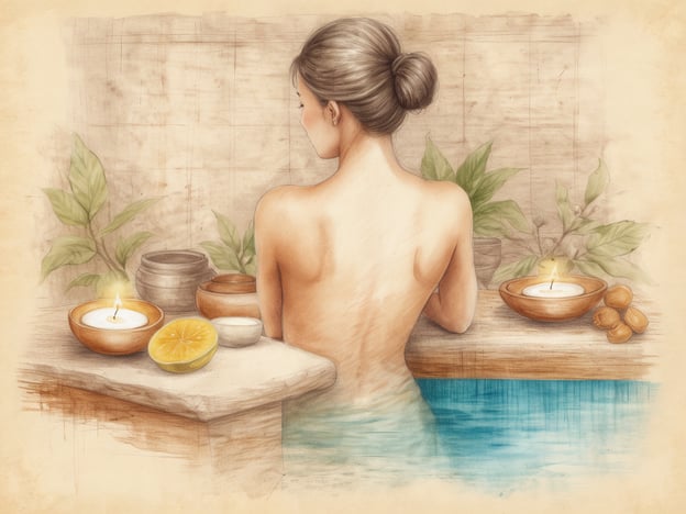 Auf dem Bild ist eine Frau zu sehen, die sich in einem entspannenden Wellnessbereich befindet. Sie sitzt in einem Wasserbecken, umgeben von Pflanzen und gemütlichen Kerzenlichtern, die eine ruhige Atmosphäre schaffen. Neben ihr stehen verschiedene Wellnessprodukte, darunter Töpfe und frische Zutaten wie Zitronen, die oft mit Entspannung und Pflege assoziiert werden.Diese Szenerie vermittelt die Idee von einzigartigen Wellnessangeboten für Entspannung pur, ideal für eine Auszeit vom stressigen Alltag.