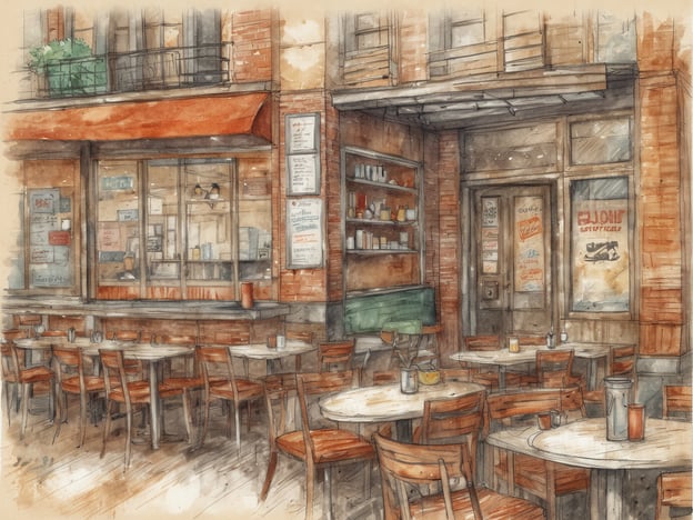 Auf dem Bild ist eine einladende Cafészene zu sehen, die an eine gemütliche Restaurantterrasse erinnert. Die Holzmöbel und die warme Farbpalette vermitteln ein behagliches Gefühl. Solche Orte könnten beliebte Restaurants wie „Café Einstein“ in Berlin sein, bekannt für seine klassische Atmosphäre und gute Kaffeeauswahl.Ein Geheimtipp könnte ein kleines, weniger bekanntes Bistro in der Nähe sein, das lokale Spezialitäten anbietet, wie zum Beispiel „Bistro Tada“ in einer ruhigen Ecke einer Stadt, wo man gut essen kann, ohne von Touristen überrannt zu werden.