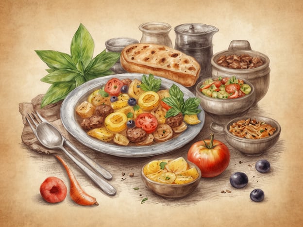 Auf dem Bild sind verschiedene kulinarische Genüsse dargestellt. Im Mittelpunkt steht ein buntes Gericht, das aus einer Mischung von Pasta und Fleischbällchen besteht, garniert mit frischen Kräutern wie Basilikum. Um den Teller herum liegen verschiedene Beilagen: verschiedene Salate mit Gemüse, möglicherweise eine Mischung aus Gurken und Tomaten, sowie eine Schüssel mit Reis oder Getreide.Zusätzlich sieht man frisches Brot, das ideal als Beilage oder zum Dippen geeignet ist. Es sind auch einige frische Früchte wie Äpfel und Beeren zu sehen, die nicht nur einen hübschen Farbkontrast bieten, sondern auch die gesunde Komponente des Gerichts unterstreichen. Dieses Bild vermittelt ein Gefühl von regionaler Küche, die frisch und einladend wirkt.