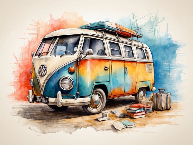 Auf dem Bild ist ein VW Bulli (Volkswagen Kombi) zu sehen, der farbenfroh in orange und blau lackiert ist. Der Bulli hat eine typische, nostalgische Form, die an die 1960er und 1970er Jahre erinnert. Auf dem Dach befindet sich ein Dachgepäckträger mit Gepäckstücken, was auf eine Reise oder Campingausflug hindeutet. Neben dem Fahrzeug liegen einige Koffer und Bücher auf dem Boden, was darauf schließen lässt, dass hier möglicherweise gerade für eine Reise gepackt oder eine Pause eingelegt wurde. Der Hintergrund ist in sanften Farben gehalten, was dem Bild eine künstlerische Note verleiht.
Für einen Roadtrip oder ein Abenteuer ist der VW Bulli eine beliebte Wahl, da er viel Platz bietet und sich gut für Reisen mit Freunden oder Familie eignet.
