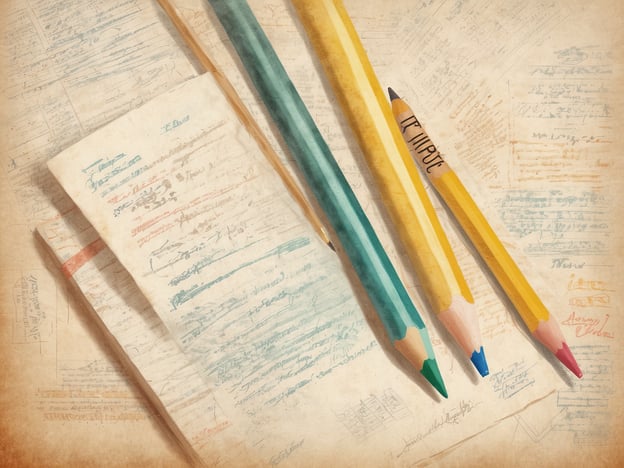 Auf dem Bild sind mehrere Bleistifte und Blätter Papier zu sehen, die mit verschiedenen handschriftlichen Notizen und Skizzen beschrieben sind. Die Bleistifte sind in unterschiedlichen Farben, was darauf hindeutet, dass sie möglicherweise für kreative oder zeichnerische Zwecke verwendet werden. Die Blätter wirken älter und könnten historisch oder künstlerisch von Bedeutung sein.### Sprachliche Herausforderungen:1. **Fachterminologie:** Wenn man die Begriffe wie "Bleistifte" oder "Handschrift" verwendet, könnte es schwierig sein, den spezifischen Kontext (z. B. Kunst, Schule, Notizen) klar zu machen.2. **Bildbeschreibung:** Die unterschiedliche Textur und die Farben der Bleistifte sowie die Art der Notizen können unterschiedliche Interpretationen hervorrufen.### Lösungsansätze:- **Klarheit durch Kontext:** Es könnte hilfreich sein, zusätzliche Informationen darüber zu geben, wofür die Notizen verwendet werden, um die Funktion der Gegenstände zu verdeutlichen.- **Detailreiche Beschreibung:** Anstatt nur die Gegenstände aufzulisten, könnte man deren mögliche Bedeutung oder Verwendung beschreiben, um ein lebendigeres Bild zu schaffen.Diese Ansätze helfen, ein umfassenderes Bild von dem, was im Bild dargestellt ist, zu vermitteln und die sprachlichen Herausforderungen zu bewältigen.