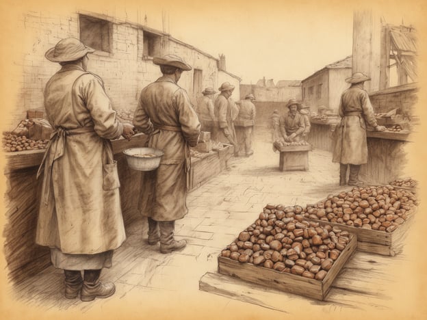 Auf dem Bild könnten Szenen aus einer traditionellen belgischen Schokoladenproduktion oder Marktumgebung dargestellt sein. Belgien hat eine lange Geschichte und eine reiche Tradition in der Schokoladenherstellung, die bis ins 17. Jahrhundert zurückreicht.Berühmte belgische Schokoladenhersteller wie Neuhaus, Godiva und Leonidas sind bekannt für ihre hochwertigen Pralinen und Schokoladenprodukte. Die Handwerkskunst der Chocolatiers spielt eine zentrale Rolle, wobei viele von ihnen auf traditionelle Rezepte und Techniken zurückgreifen.Die abgebildeten Arbeiter in den Schürzen könnten Schokoladenmassen oder -zutaten vorbereiten und zeigen, wie wichtig Handarbeit und Detailverliebtheit in diesem Prozess sind. Die häufige Verwendung von hochwertigen, lokalen Zutaten ist ein weiterer Teil der belgischen Schokoladentradition, die das Land weltweit berühmt gemacht hat.