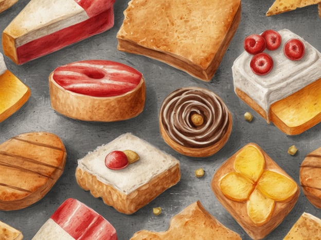Auf dem Bild sind verschiedene, kunstvoll gestaltete Süßigkeiten und Gebäckstücke zu sehen, die eine feine Auswahl an Desserts repräsentieren. Um dies in die Geschichte der belgischen Waffeln zu integrieren: Belgien ist bekannt für seine vielfältigen und leckeren Süßspeisen, zu denen auch die berühmten belgischen Waffeln gehören. Diese Waffeln haben ihren Ursprung im Mittelalter, als sie in verschiedenen Regionen des Landes mit unterschiedlichen Rezepten und Formen hergestellt wurden.Die belgischen Waffeln sind nicht nur für ihren einzigartigen Geschmack bekannt, sondern auch für die Vielfalt, die sie bieten – ähnlich wie die Auswahl an in dem Bild dargestellten Süßigkeiten. Mit ihren knusprigen Außenflächen und der weichen Mitte sind sie ein beliebtes Dessert, das oft mit frischen Früchten, Sahne oder Schokolade serviert wird. Dieses Bild erinnert an die süße Tradition Belgiens, in der Genuss und Vielfalt eine wichtige Rolle spielen.