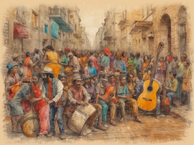 In Belgien gibt es eine lebendige Festival-Kultur, die tief in der Tradition und der Gemeinschaft verwurzelt ist. Jedes Jahr finden zahlreiche Festivals statt, die Musik, Kunst und lokale Spezialitäten feiern. Diese Festivals sind oft ein Spiegelbild der belgischen Vielfalt und ihrer verschiedenen kulturellen Einflüsse.Auf dem Bild ist eine lebendige Szene zu sehen, die von einer musikalischen Darbietung in einer belebten Straße geprägt ist. Es sind viele Menschen verschiedener Geschlechter und Altersgruppen versammelt, wobei einige musizieren und andere tanzen oder zuschauen. Instrumente wie Gitarren und Trommeln dominieren die Szene, was auf eine festliche und gemeinschaftliche Atmosphäre hinweist. Die bunte Kleidung der Teilnehmer trägt zur lebhaften Stimmung bei und vermittelt das Gefühl eines kulturellen Festes, das Spaß und Gemeinschaft fördert.
