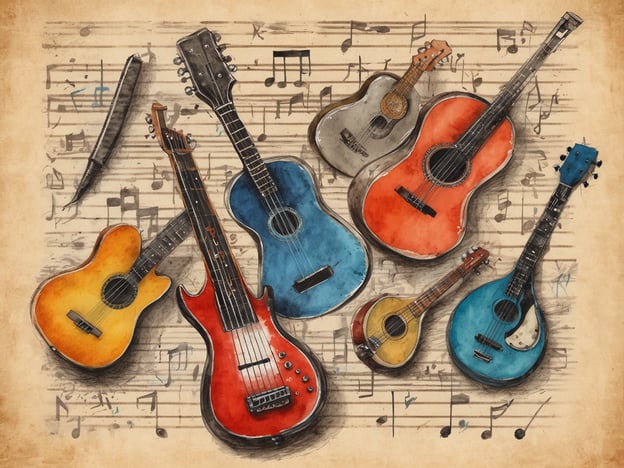 Auf dem Bild sind verschiedene Musikinstrumente, insbesondere Gitarren und Ukulelen, zu sehen, die vor einem Hintergrund aus Notenpapier angeordnet sind. Dies erinnert an die musikalische Atmosphäre vieler Festivals in Belgien, wie zum Beispiel:1. **Tomorrowland** – ein berühmtes elektronisches Musikfestival, das internationale Künstler anzieht.2. **Gentse Feesten** – ein kulturelles Festival in Gent mit Musik, Theater und Kunst.3. **Rock Werchter** – ein angesehenes Rockfestival, das viele internationale Rock- und Popbands präsentiert.Diese Festivals feiern die Musik und ziehen zahlreiche Besucher an, die die Live-Performances genießen.